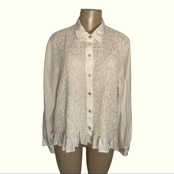 Liz Claiborne 💯% Silk Ruffled Ruched Collared Cream Dress Shirt Petite - Picture 5 of 7